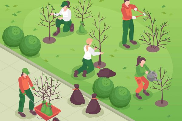 Men and women doing spring gardening works planting watering and pruning trees on green lawn 3d isometric vector illustration